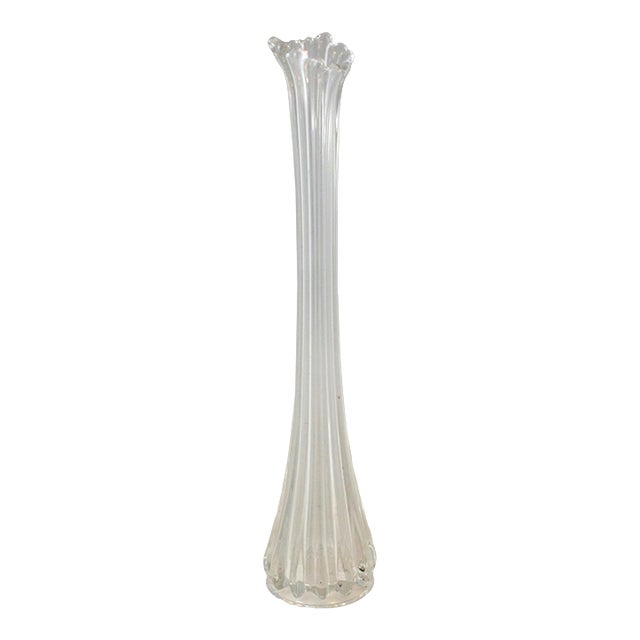 Mid Century Modern Clear Glass 16" Fluted Ribbed 12 Finger Swung Stretch Vase For Sale