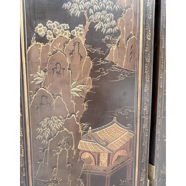Asian Chinoiserie Coromandel Six-Panel Gilt Bronze Folding Screen For Sale - Image 9 of 14