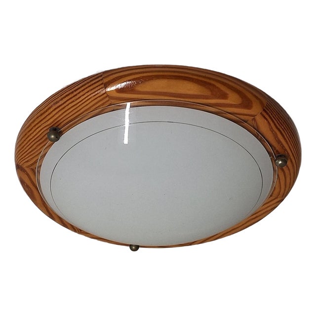 Flat Vintage Ceiling Lamp with a Matt Glass Bowl in a Pine Wood Frame, 1990s For Sale