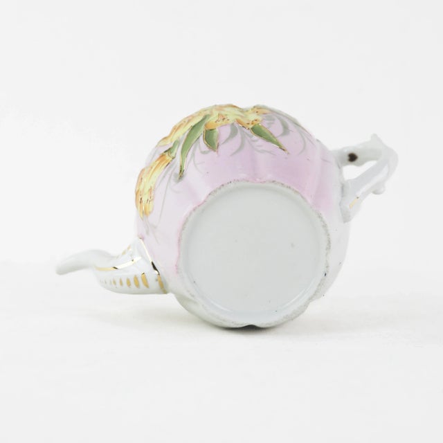 Vintage Pink Floral Teapot With Yellow Blossoms and Green Leaves – Hand-Painted Porcelain Teapot, Collectible Art Deco Style For Sale In New York - Image 6 of 11