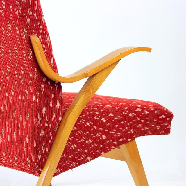 Wood Mid-Century Czechoslovakian Armchair in Original Red Fabric and Blonde Wood, 1960s For Sale - Image 7 of 13