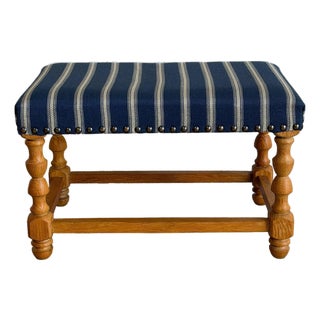 Blue Striped Upholstered Oak Ottoman Danish Mid-Century Modern 1970s For Sale