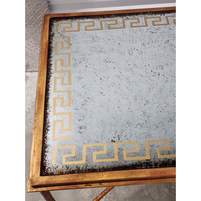Eglomise Silver & Gold Leaf Greek Key Motif Hollywood Regency Style Gilded Wrought Iron Side Tables - A Pair For Sale - Image 9 of 15