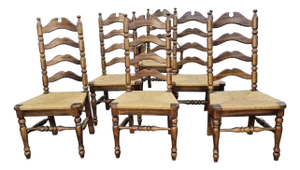 Late 20th Century Early American Style Walnut and Rush Seat Tall Ladder Back Dining Chairs- Set of 6