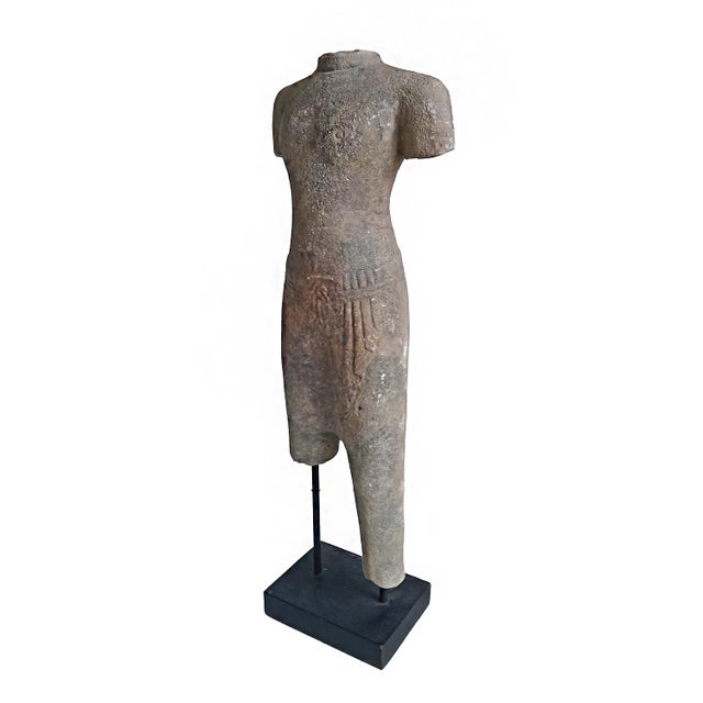 Tan Reclaimed Khmer Torso Sculpture, Hand-Carved Sandstone, Thailand, 1930 For Sale - Image 8 of 11