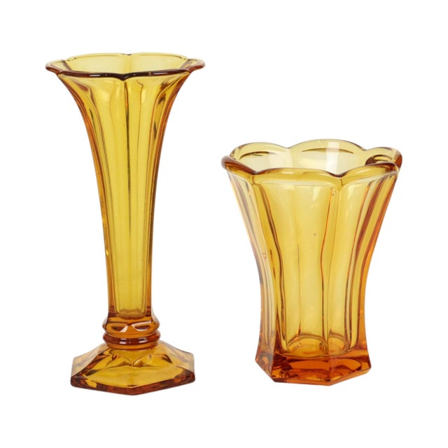 Beautiful amber-colored Art Deco vases; the largest is the Américain vase from the Luxval collection from 1935, by Val...