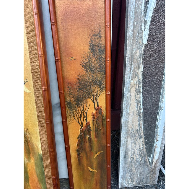 1960s Mid-Century Modern 3-Panel Triptych Painting by Thomas Pell Soaring Cranes & Landscape For Sale - Image 11 of 12