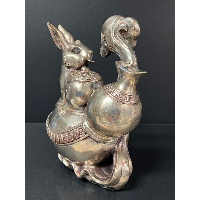 Chinese Late 20th Century Chinese Art Silver Gilt Bronze Metal Lucky Charm Rabbit Sculpture For Sale - Image 3 of 10