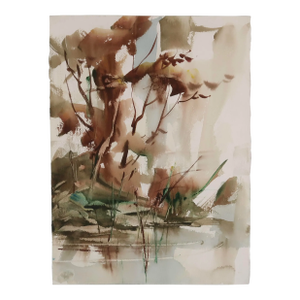 Late 20th Century Unsigned Original Fine Art Abstract Landscape Watercolor Painting on Paper of Tall Grasses and Water by Artist Ellen Shannon