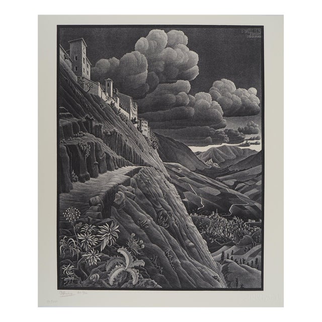 MC Escher, Italian Landscape, Castrovalva, Facsimile of the Original Wood Engraving For Sale