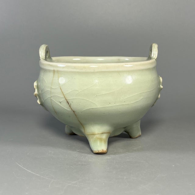 Chinese Vintage‑Style Chinese Longquan Celadon Tripod Censer, Decorative Ceramic Burner For Sale - Image 3 of 6