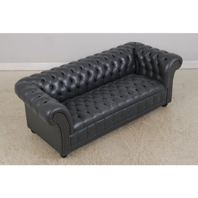English Blue Leather Chesterfield English Style Loveseat For Sale - Image 3 of 18