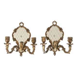 Pair of Ornate Brass Double Arm Cherub Wall Sconces W/ Mirror - Made in Spain For Sale