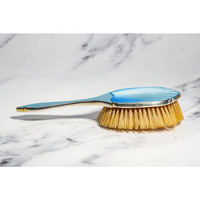 Amazing Antique Guilloche Enamel Sterling Silver Mirror & Brush Set Boxed London 1930 Art Deco Luxury For Sale - Image 10 of 17