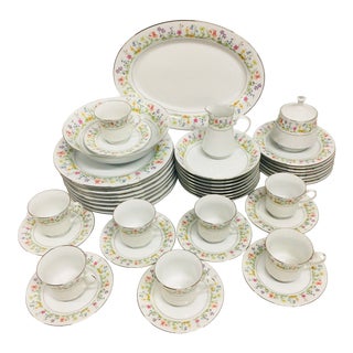 Vintage Crown Ming Floral Decorated Porcelain Dinnerware Set- 45 Pieces For Sale