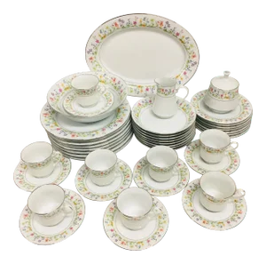 Vintage Crown Ming Floral Decorated Porcelain Dinnerware Set- 45 Pieces