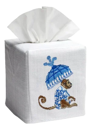 Monkey & Umbrella Tissue Box Cover in White Linen & Cotton, Embroidered