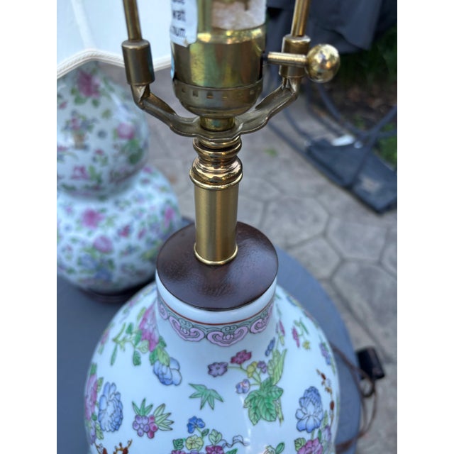 Rose Pair of Vintage Chinese Famille Rose Double Gourd Porcelain Table Lamps For Sale - Image 8 of 12