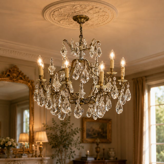 Metal Large French Crystal and Gilt Bronze Chandelier, 1950s For Sale - Image 7 of 7