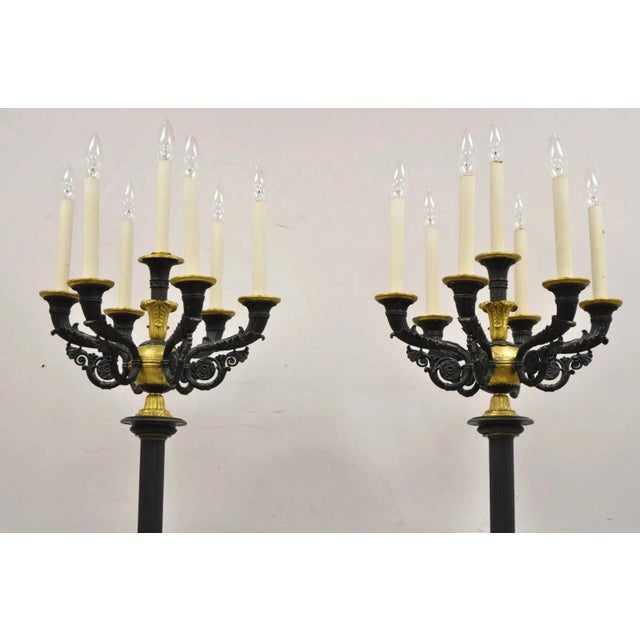 Late 19th Century French Empire Tall Bronze & Marble Lighted Candelabra Torchiere Floor Lamps - a Pair For Sale - Image 13 of 18