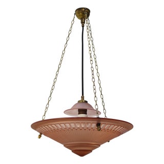 Art Deco French Brass and Red Pink Glass Pendant Light, 1920s For Sale