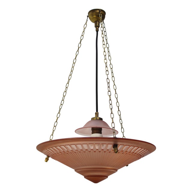 Art Deco French Brass and Red Pink Glass Pendant Light, 1920s For Sale