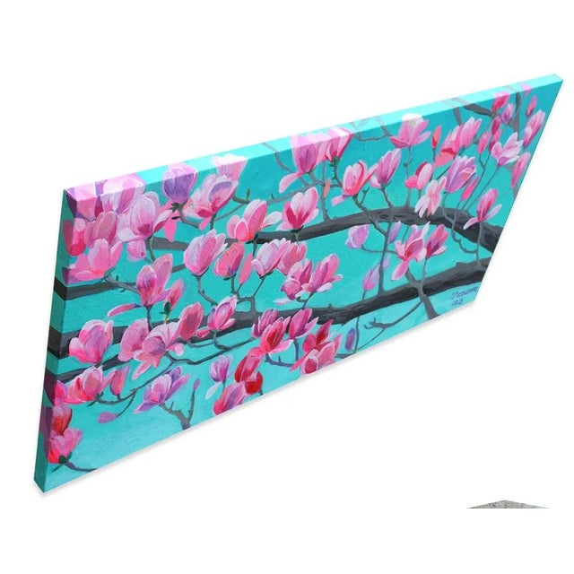 Large acrylic painting of Pink Magnolias in bloom on gallery wrap canvas. Bold color combination of roseate and mint...