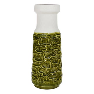 Tall Brutalist Op-Art Green & White Terracotta Floor Vase, Austria, 1970s For Sale