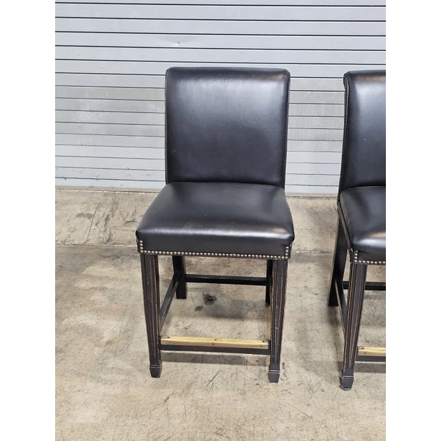 Statesville Chair Company Set of Three Statesville Mahogany Frame Black Leather Bar Stools Counter Stools For Sale - Image 4 of 4