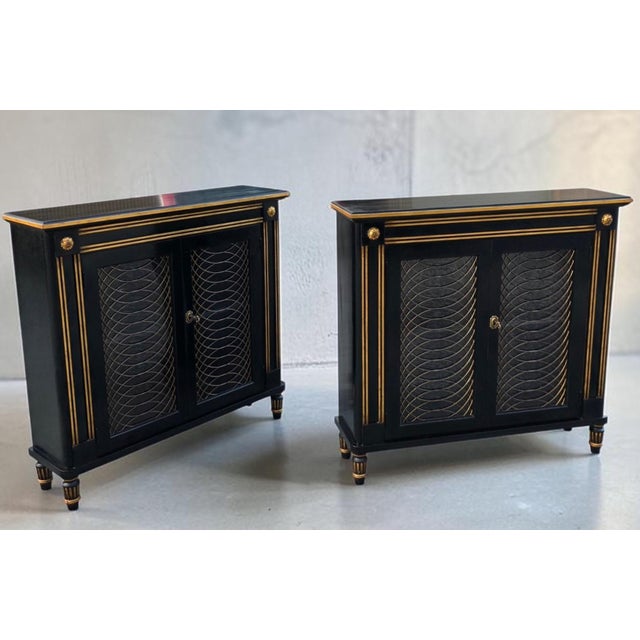 Neoclassical Late 20th Century Pair of Baker Furniture Neoclassical Black Lacquer and Gilt Cabinets With Decorative Wire-Mesh Grille Doors For Sale - Image 3 of 17