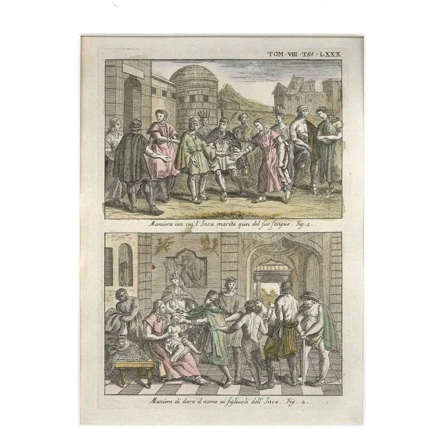 Image dimensions: 25.5 x 18 cm. Marriage and Birth among the Incas is a fine etching, hand-watercolored, realized by the...