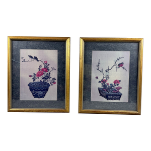 Vintage Chinese Bird and Flower Framed Art Pair (2) - Gilded-Gold Frames in Blue Marbled Matt