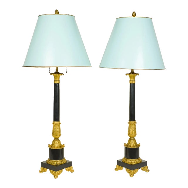 Pair of Empire Style Black Stone and Ormolu Lamps For Sale