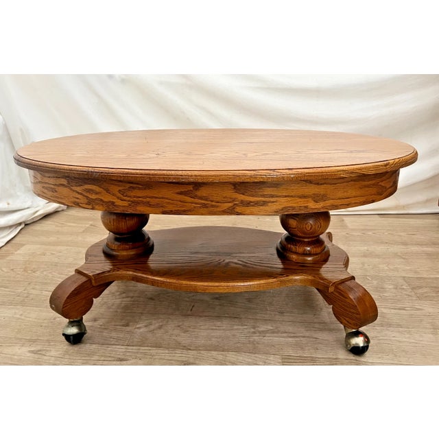 Brown Oval Coffee Table Tiger Oak, Center Drawer, Shelf, Empire Style, Caster Wheels For Sale - Image 8 of 13