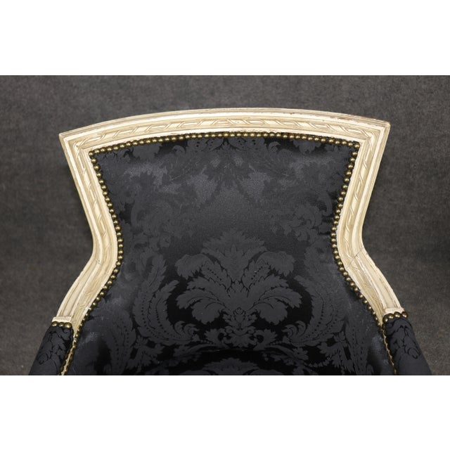 Pair Attributed Maison Jansen French Louis XVI Style Distressed Painted Bergeres For Sale - Image 9 of 13
