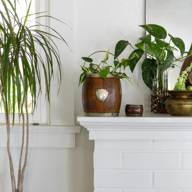 Brown Antique English Oak Porcelain Lined Silver Shield Biscuit or Tobacco Barrel For Sale - Image 8 of 11