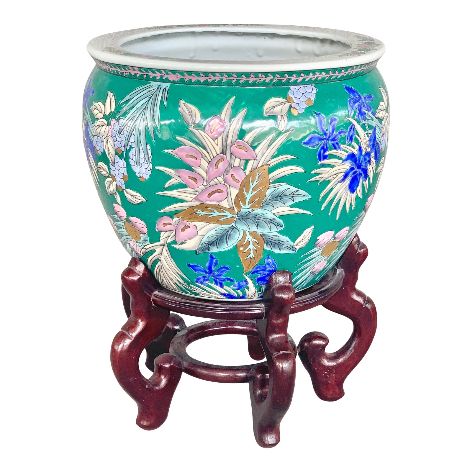 Vintage Green Floral Fish Bowl Planter With Stand Chairish