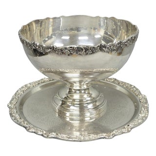 Vintage Fb Rogers 5614 Victorian Silver Plated Punchbowl W/ Round Tray, 2 Pc Set For Sale