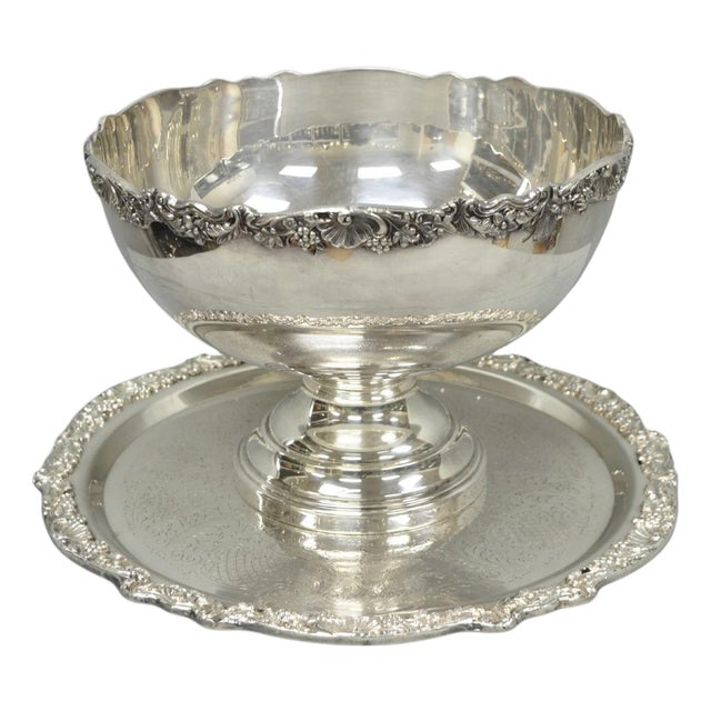 Vintage Fb Rogers 5614 Victorian Silver Plated Punchbowl W/ Round Tray, 2 Pc Set For Sale