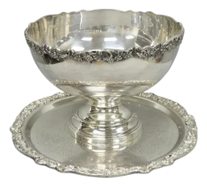 Vintage Fb Rogers 5614 Victorian Silver Plated Punchbowl W/ Round Tray, 2 Pc Set