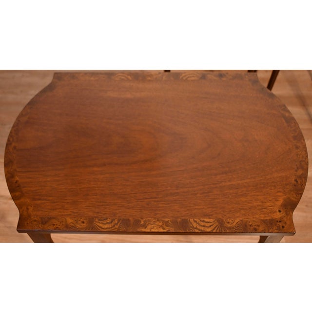 1960s Vintage Baker Furniture English Mahogany Burl Wood Nesting Tables Tiered Set For Sale - Image 4 of 13