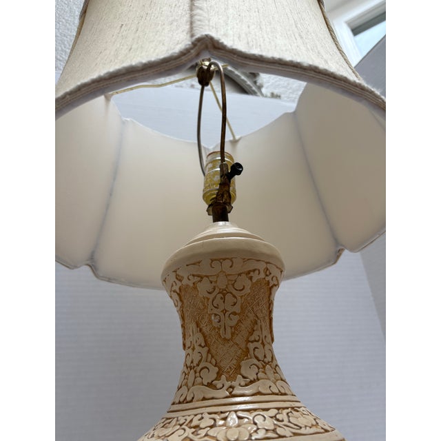 Textile Midcentury Asian Chinoiserie Pair of Pottery Table Lamps -Set of Two For Sale - Image 7 of 12