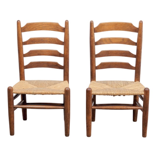 Set of Brutalist Wood and Wicker Chairs by Charlotte Perriand, 1960s For Sale