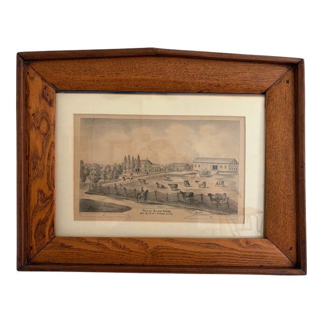 Antique “Residence of Allen Krieg” Farm Print – Solid Wood Framed Americana Scene For Sale