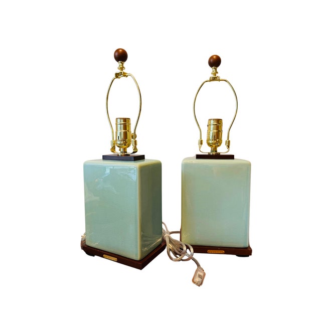 Pair of Lauren Ralph Lauren Celadon Crackle Glazed Porcelain Table Lamps | Coastal Modern Transitional Lighting With Original Shades For Sale - Image 10 of 15
