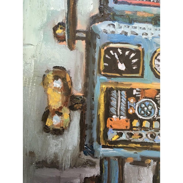 2010s 21st Century Bradford Solomon Oil on Canvas Vintage Curly the Robot Framed Contemporary Large Still Life Blue Red Yellow For Sale - Image 5 of 10