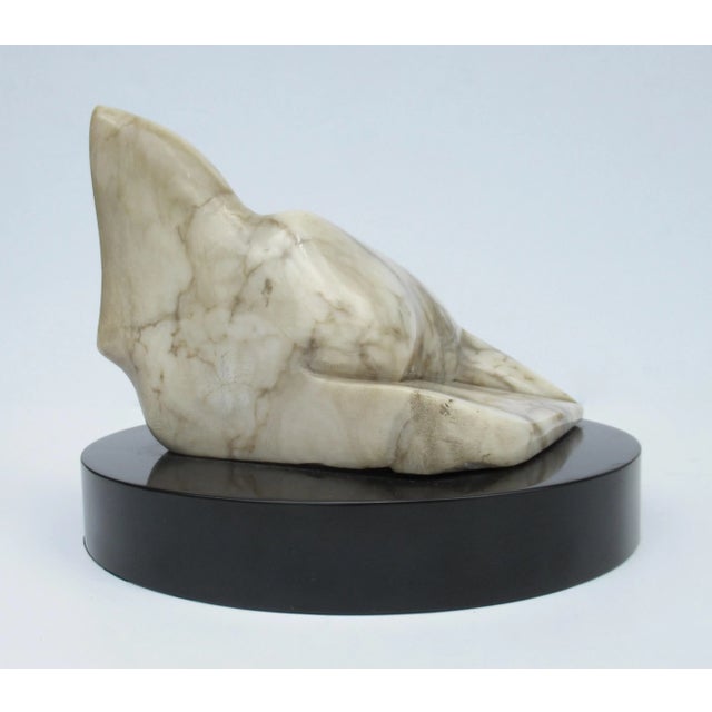 Off-white C.1970's Italian Carrara Marble Carved & Honed Reclined Female Figure Sculpture, Mounted on Round Black Marble Base For Sale - Image 8 of 13