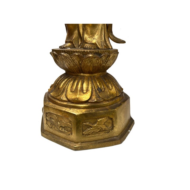 Oriental Metal Bronze Kannon Guan Yin Bodhisattva Holding Lotus Statue For Sale - Image 11 of 14