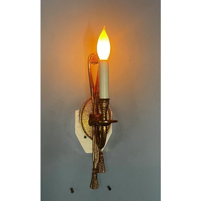 Vintage Solid Brass Electric Candle Stick Rope and Tassel Wall Sconce With Linen Shade For Sale - Image 13 of 14