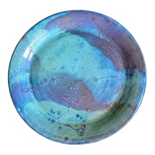 Studio Art Pottery Platter-Signed Blue Purple Green-Iridescent Ceramic-Coastal For Sale